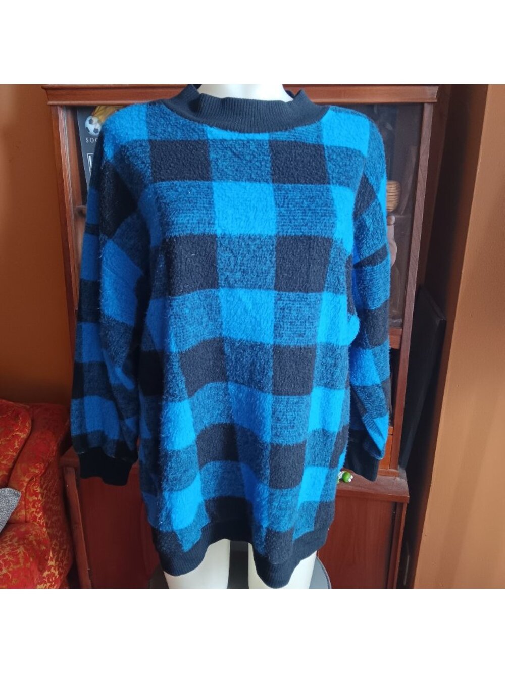 New Wave Sweater Medium Vintage 1980's K.K. Blue Black Plaid Acrylic Crewneck